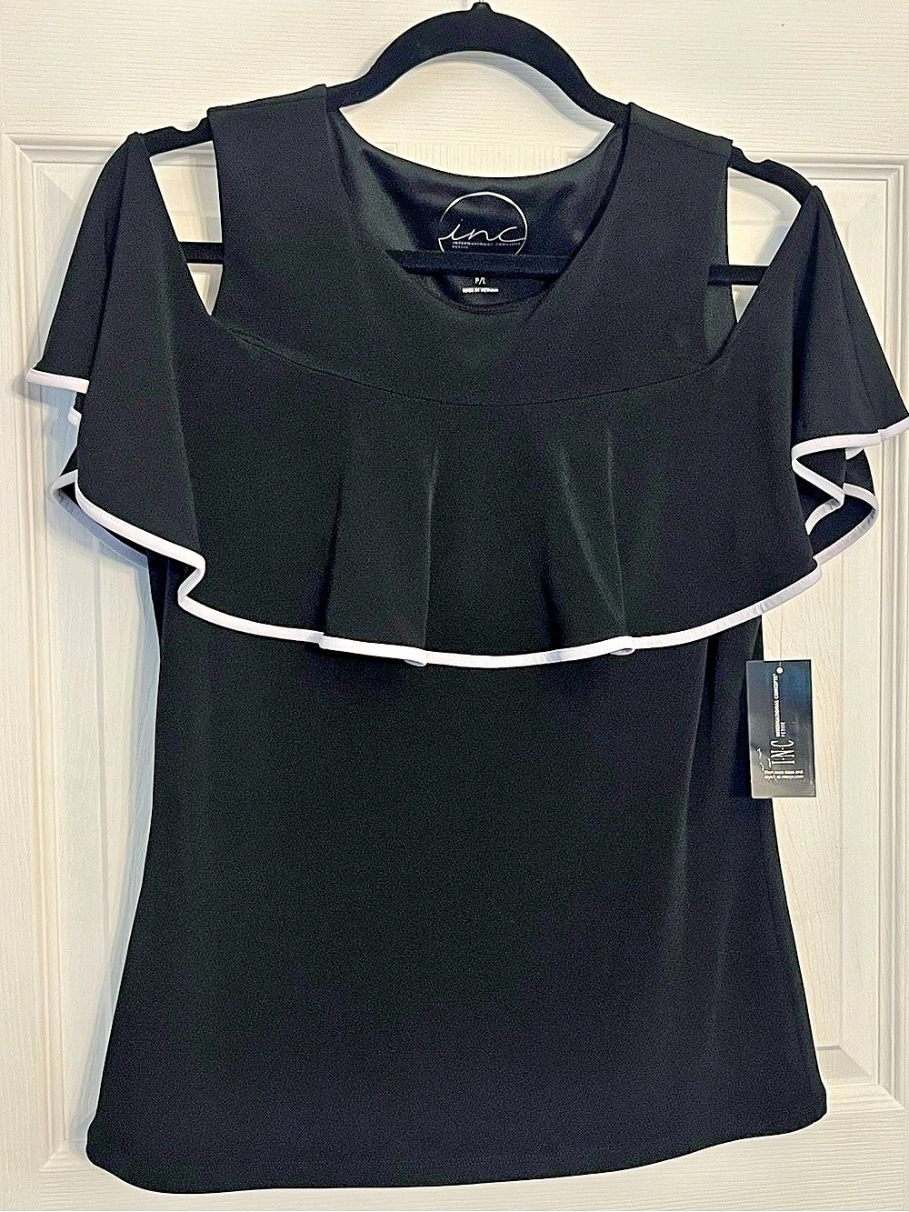 INC International Concepts Ruffle Trim Blouse Black & White